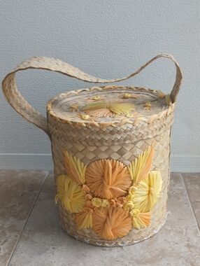 Handwoven Natural Straw Raffia Tote with Yellow and Orange Accents